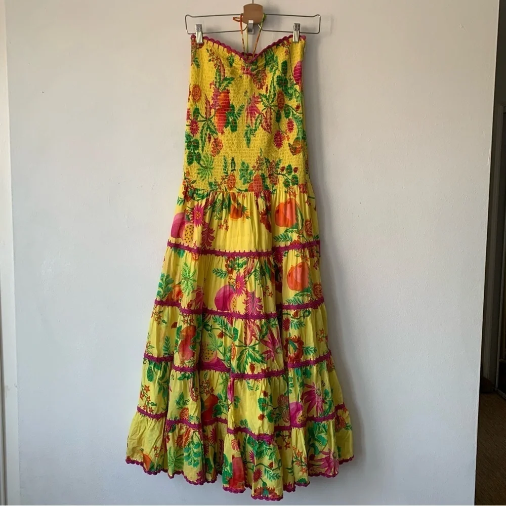 Farm Rio Delicate Fruit Garden Yellow Smocked Strapless Halter Tiered Maxi Dress - Picture 8 of 14